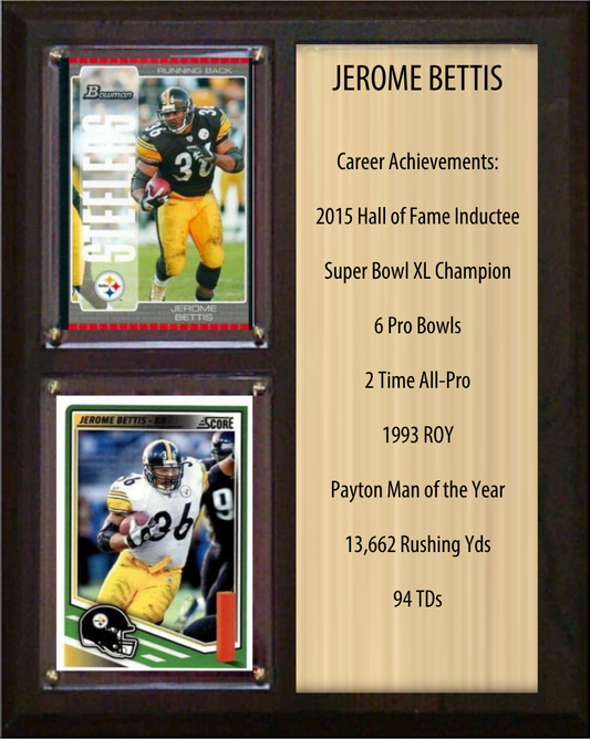 Jerome Bettis Pittsburgh Steelers football stats plaque with 2 trading cards and engraved nameplate, 8x10 fan cave display