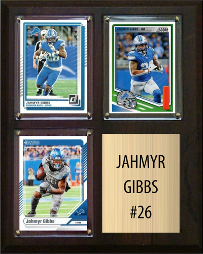 Jahmyr Gibbs Detroit Lions football plaque with 3 trading cards and engraved nameplate, 8x10 fan cave display