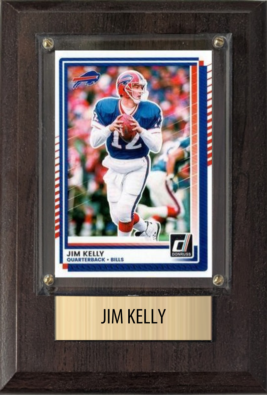 Jim Kelly Buffalo Bills football plaque with 1 trading card and engraved nameplate, 4x6 fan cave display
