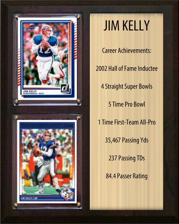 Jim Kelly Buffalo Bills football stats plaque with 2 trading cards and engraved nameplate, 8x10 fan cave display