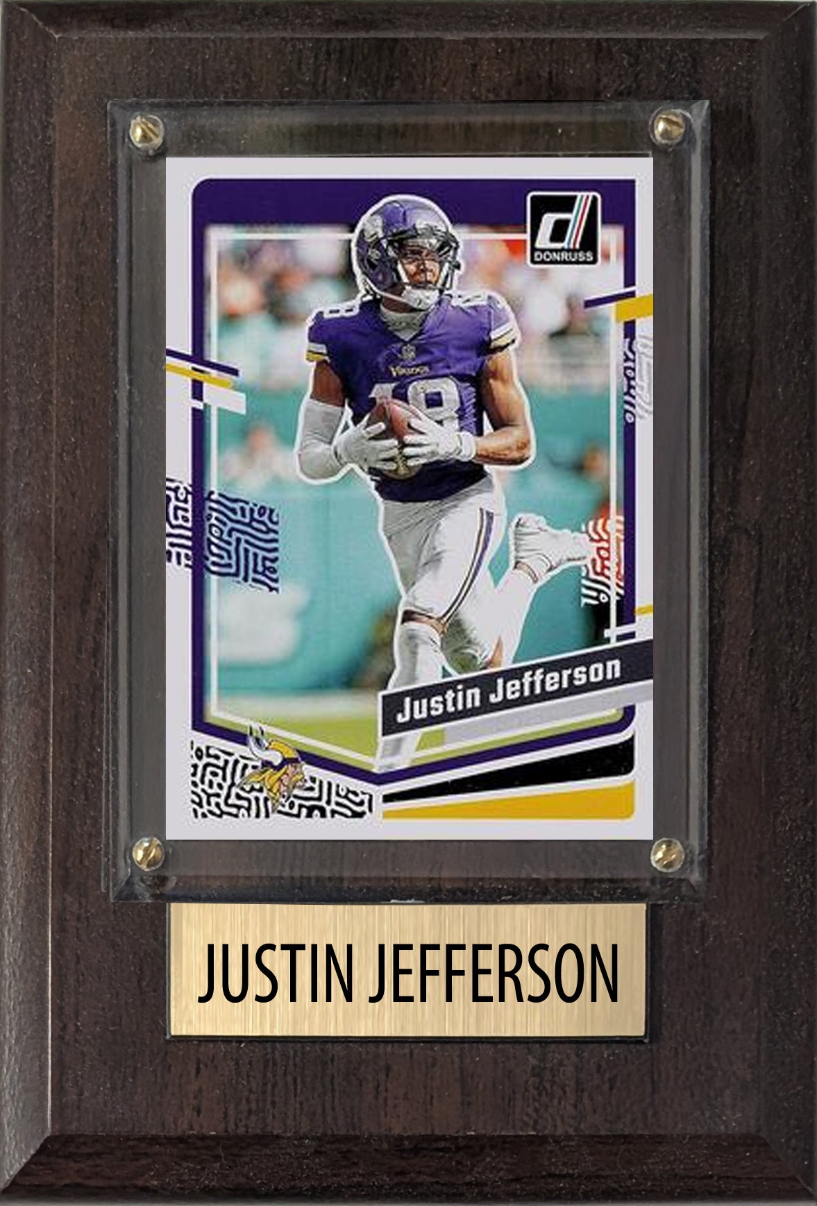 Justin Jefferson Minnesota Vikings 2025 2024 Donruss Score Prizm Topps 4x6 Gift football plaque with 1 trading card and engraved nameplate, 4x6 fan cave di