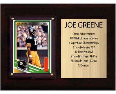 Joe Greene Pittsburgh Steelers football stats plaque with 1 trading card and engraved nameplate, 6x8 fan cave display