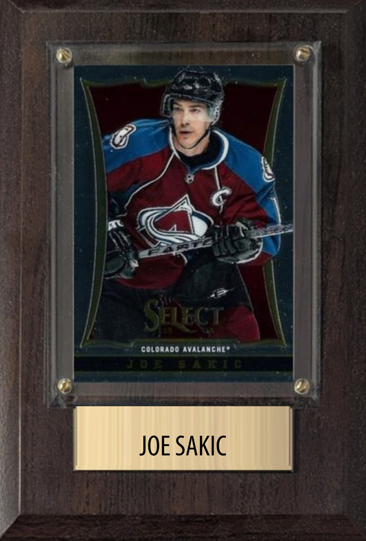 Joe Sakic Colorado Avalanche HOF hockey plaque with 1 trading card and engraved nameplate, 4x6 fan cave display