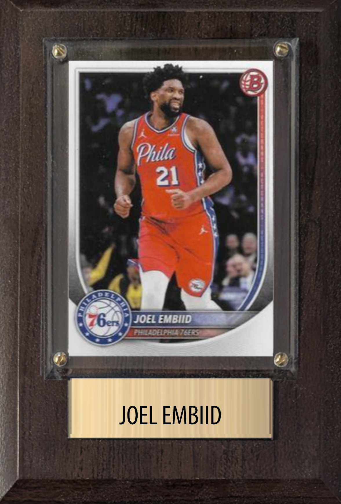 Joel Embiid Philadelphia 76ers basketball plaque with 1 trading card and engraved nameplate, 4x6 fan cave display