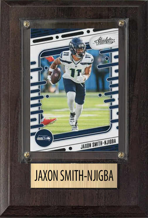 Jaxon Smith-Njigba JSN Seattle Seahawks 2025 2024 Donruss Score Prizm Topps 4x6 Gift football plaque with 1 trading card and engraved nameplate, 4x6 fan ca
