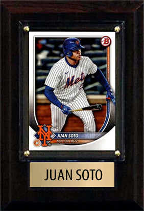 Juan Soto 2025 Bowman Topps New York Mets 4x6 baseball plaque with 1 trading card and engraved nameplate, 4x6 fan cave display