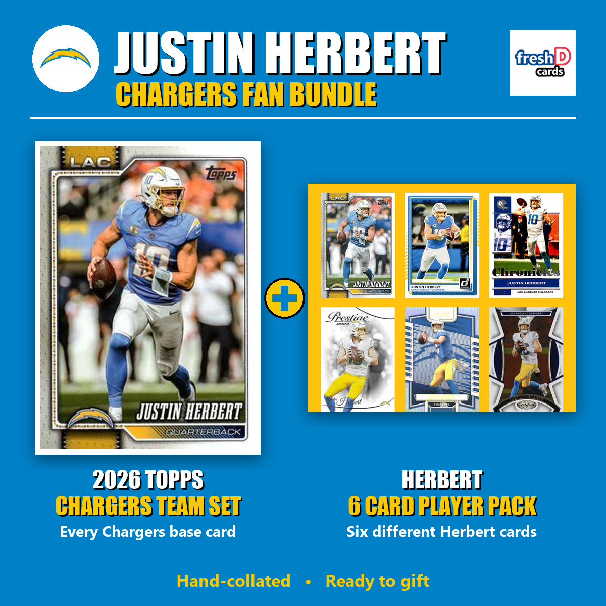 Justin Herbert Los Angeles Chargers Football Fan Bundle - 2026 Topps Team Set + 6 Card Player Pack