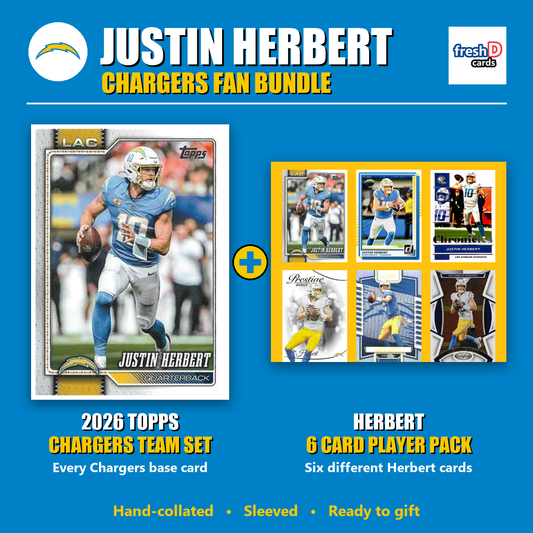 Justin Herbert Los Angeles Chargers Football Fan Bundle - 2026 Topps Team Set + 6 Card Player Pack