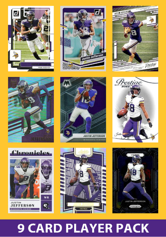 Justin Jefferson 9 Card Player Pack 2025 2024 2023 Donruss Minnesota Vikings plaque