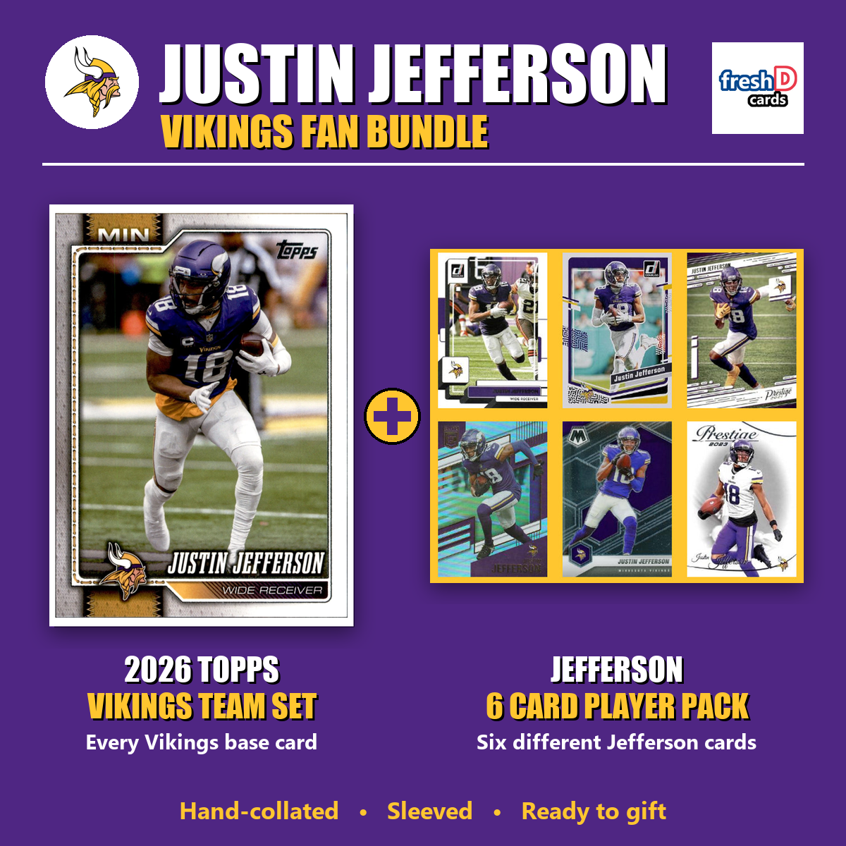 Justin Jefferson Minnesota Vikings Football Fan Bundle - 2026 Topps Team Set + 6 Card Player Pack