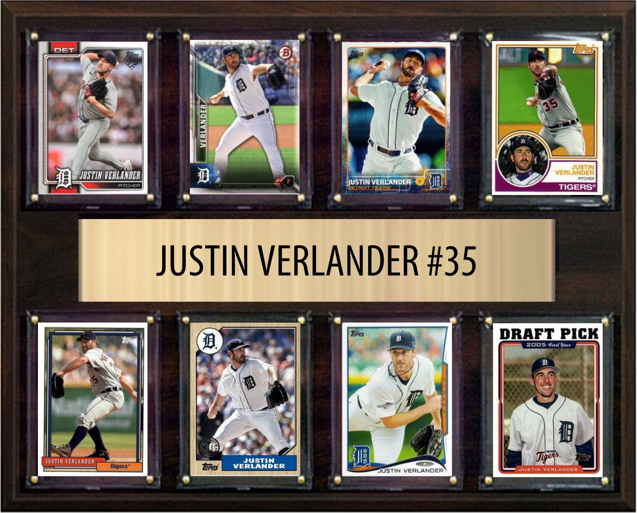Justin Verlander Detroit Tigers baseball plaque with 8 trading cards and engraved nameplate, 12x15 fan cave display