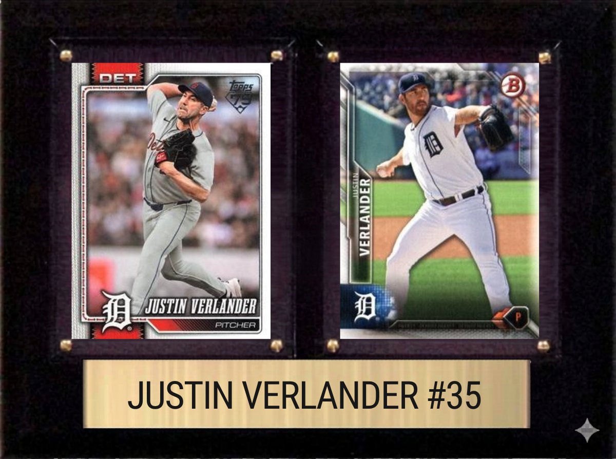 Justin Verlander Detroit Tigers baseball plaque with 2 trading cards and engraved nameplate, 6x8 fan cave display