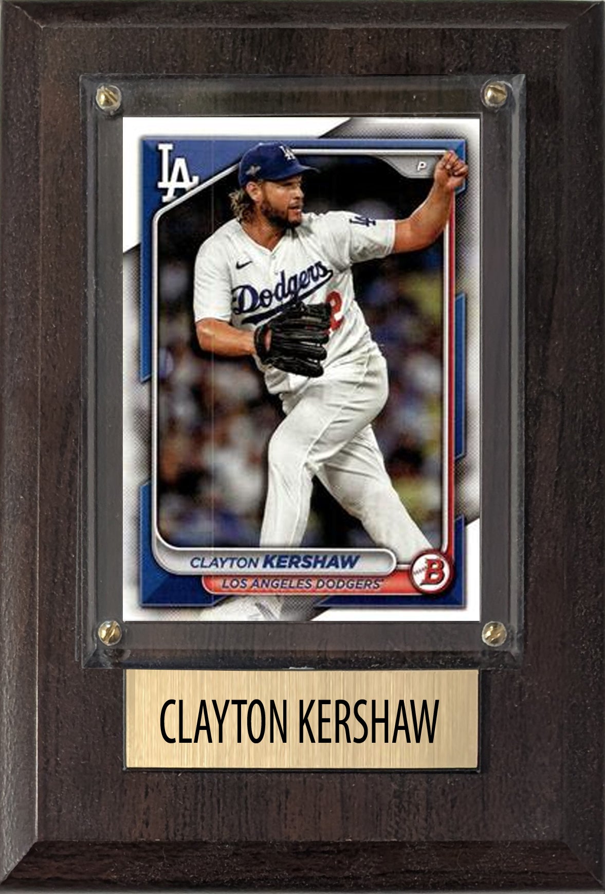 Clayton Kershaw Los Angeles Dodgers 2025 2024 Topps Bowman 4x6 Gift baseball plaque with 1 trading card and engraved nameplate, 4x6 fan cave display