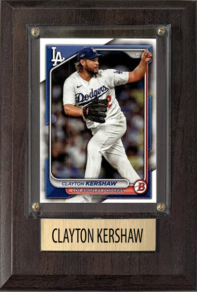 Clayton Kershaw Los Angeles Dodgers 2025 2024 Topps Bowman 4x6 Gift baseball plaque with 1 trading card and engraved nameplate, 4x6 fan cave display
