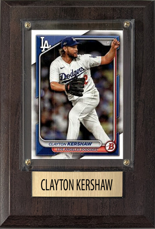 Clayton Kershaw Los Angeles Dodgers 2025 2024 Topps Bowman 4x6 Gift baseball plaque with 1 trading card and engraved nameplate, 4x6 fan cave display