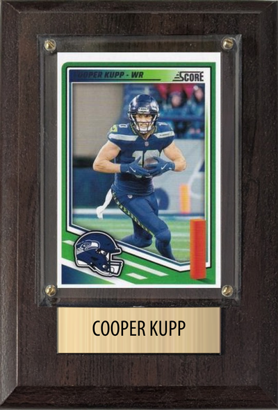 Cooper Kupp Seattle Seahawks football plaque with 1 trading card and engraved nameplate, 4x6 fan cave display