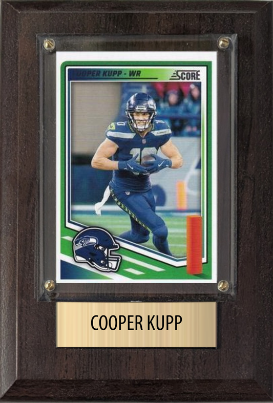 Cooper Kupp Seattle Seahawks football plaque with 1 trading card and engraved nameplate, 4x6 fan cave display