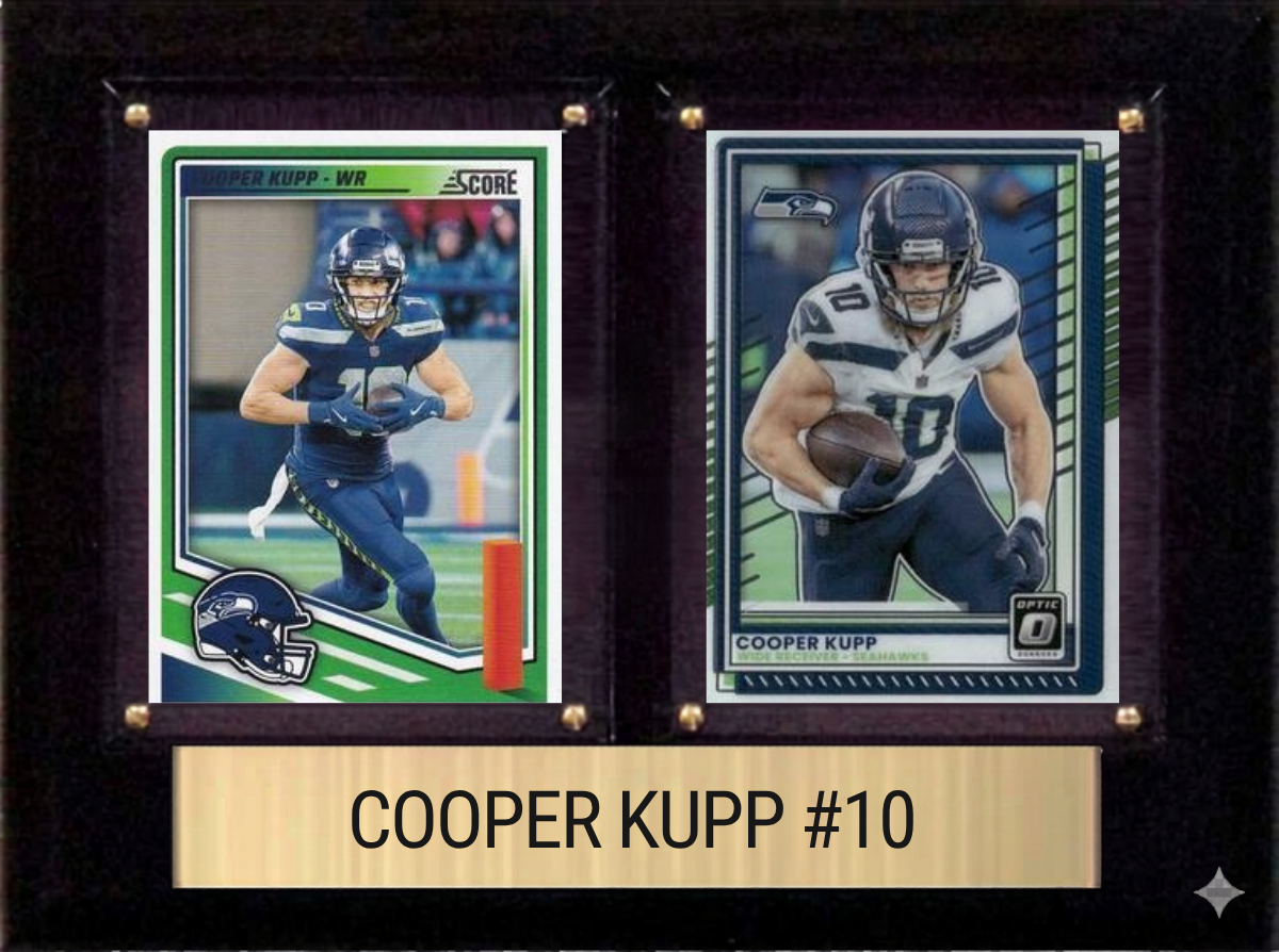 Cooper Kupp Seattle Seahawks football plaque with 2 trading cards and engraved nameplate, 6x8 fan cave display