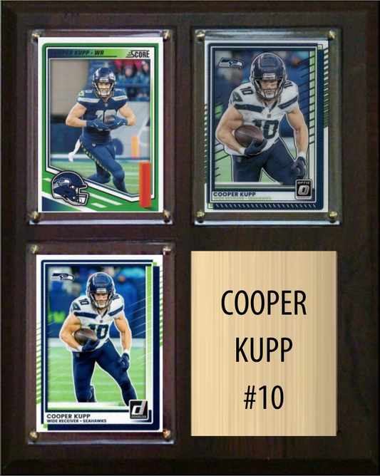 Cooper Kupp Seattle Seahawks football plaque with 3 trading cards and engraved nameplate, 8x10 fan cave display
