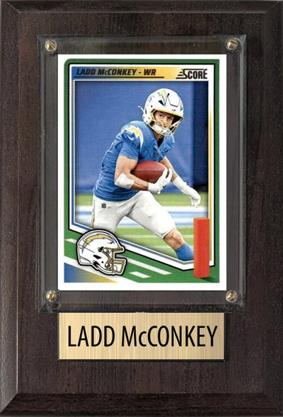Ladd McConkey Los Angeles Chargers 2025 Donruss Score Prizm Topps 4x6 Gift football plaque with 1 trading card and engraved nameplate, 4x6 fan cave display