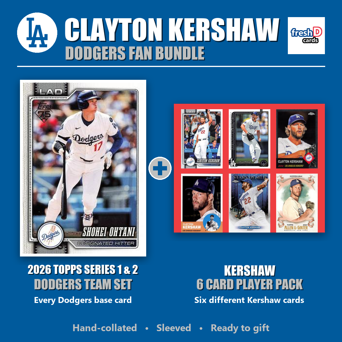 Clayton Kershaw Los Angeles Dodgers Baseball Fan Bundle - 2026 Topps Series 1 & 2 Team Set + 6 Card Player Pack