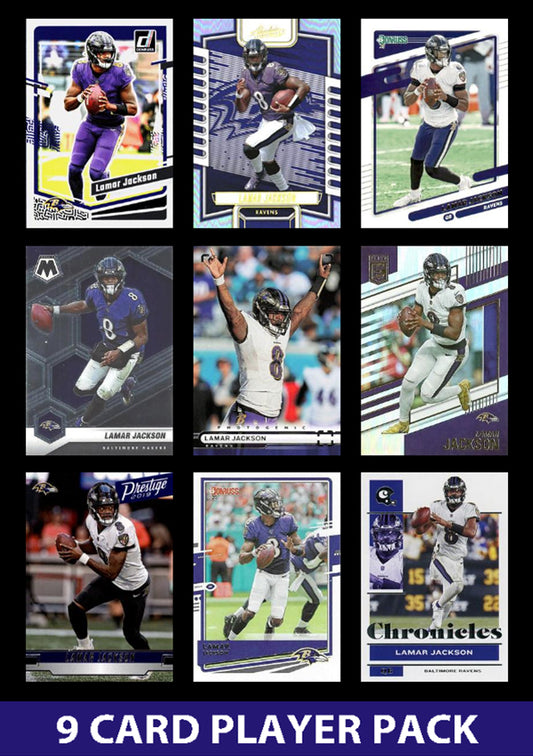Lamar Jackson 9 Card Player Pack 2023  2024 2025 Donruss Panini Score Baltimore Ravens plaque
