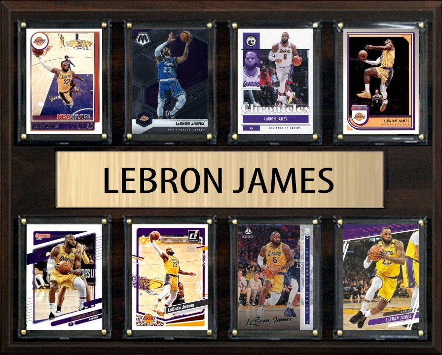 LeBron James #23 8 Card basketball plaque with 8 trading cards and engraved nameplate, 12x15 fan cave display