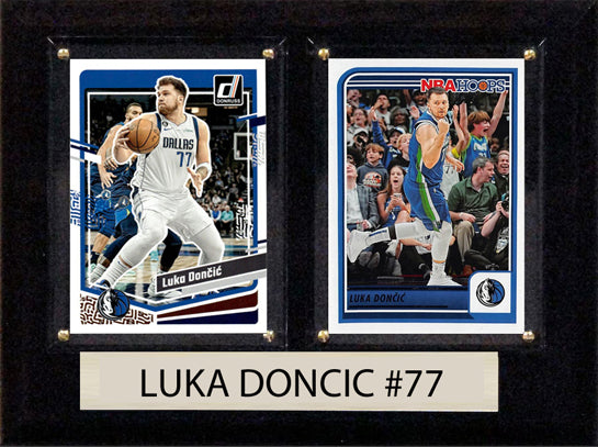 Luka Doncic Dallas Mavericks 2023-2024 Hoops Donruss 2 Card basketball plaque with 2 trading cards and engraved nameplate, 6x8 fan cave display