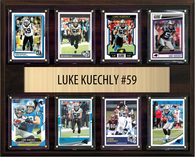 Luke Kuechly Carolina Panthers football plaque with 8 trading cards and engraved nameplate, 12x15 fan cave display