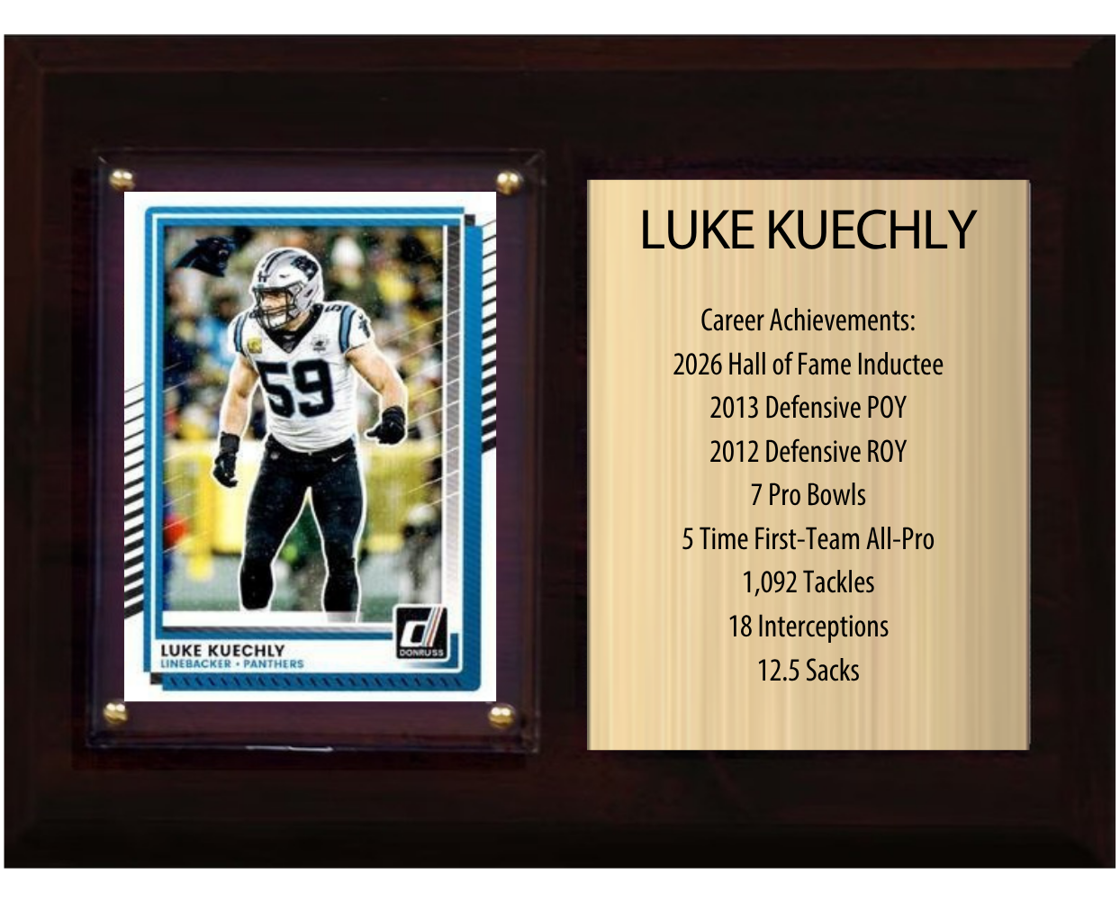 Luke Kuechly Carolina Panthers football stats plaque with 1 trading card and engraved nameplate, 6x8 fan cave display