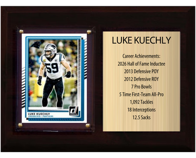 Luke Kuechly Carolina Panthers football stats plaque with 1 trading card and engraved nameplate, 6x8 fan cave display