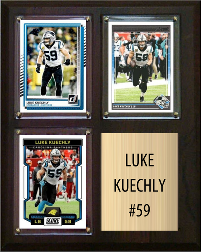 Luke Kuechly Carolina Panthers football plaque with 3 trading cards and engraved nameplate, 8x10 fan cave display