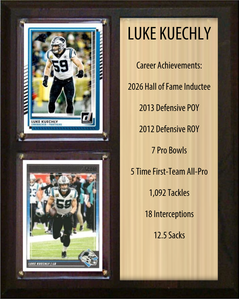 Luke Kuechly Carolina Panthers football stats plaque with 2 trading cards and engraved nameplate, 8x10 fan cave display
