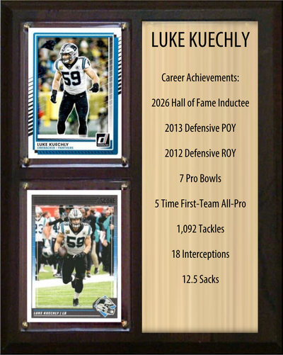 Luke Kuechly Carolina Panthers football stats plaque with 2 trading cards and engraved nameplate, 8x10 fan cave display