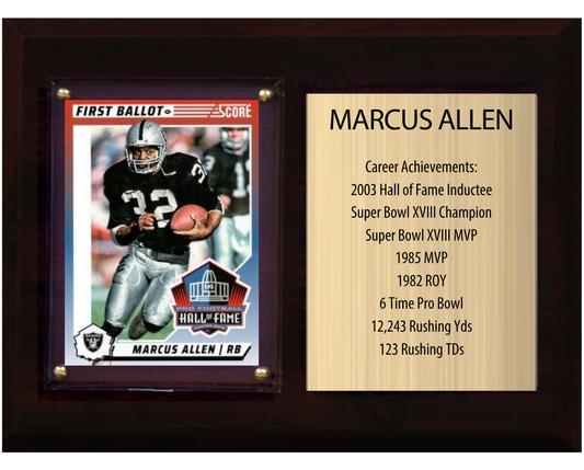 Marcus Allen Las Vegas Raiders football stats plaque with 1 trading card and engraved nameplate, 6x8 fan cave display