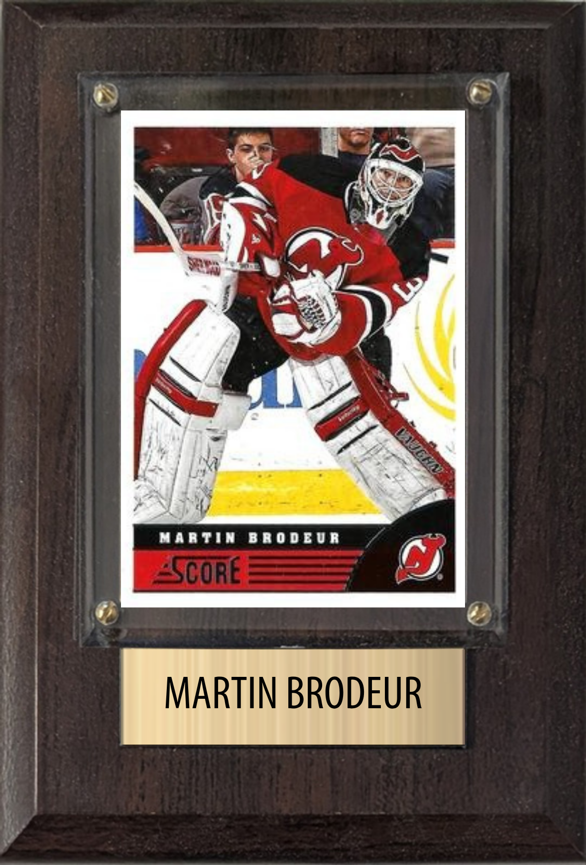 Martin Brodeur New Jersey Devils HOF hockey plaque with 1 trading card and engraved nameplate, 4x6 fan cave display