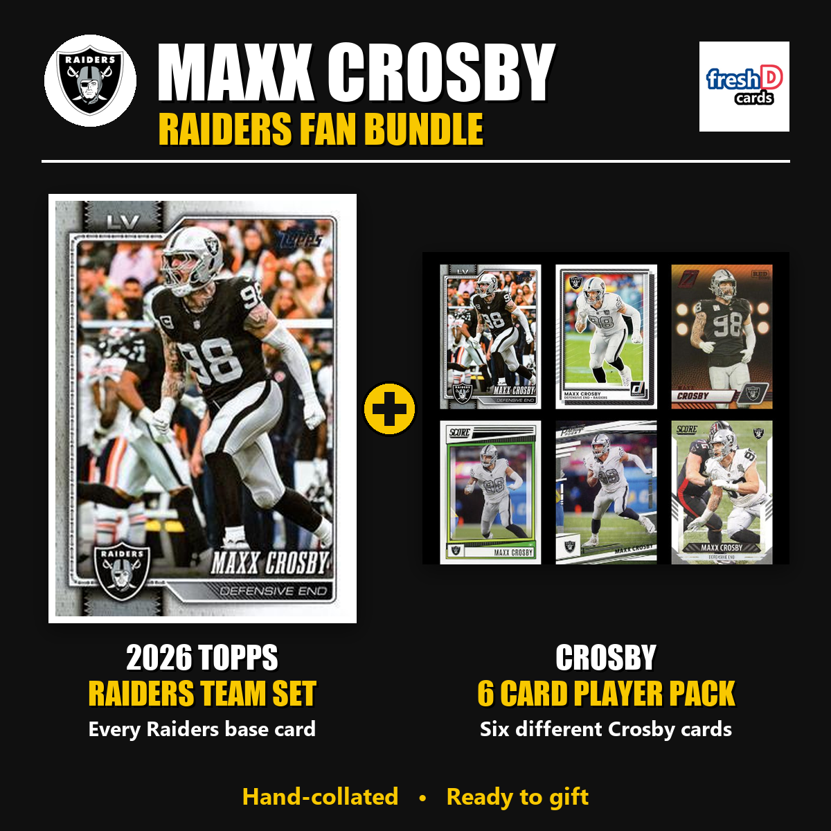 Maxx Crosby Las Vegas Raiders Football Fan Bundle - 2026 Topps Team Set + 6 Card Player Pack