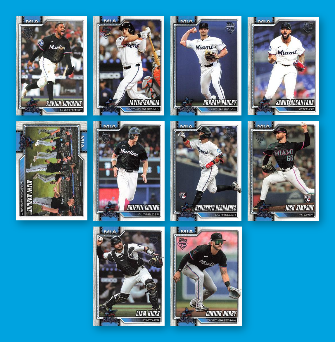 2026 Topps Series 1 & 2 Baseball Team Set 20 Cards Miami Marlins Alcantara Stowers