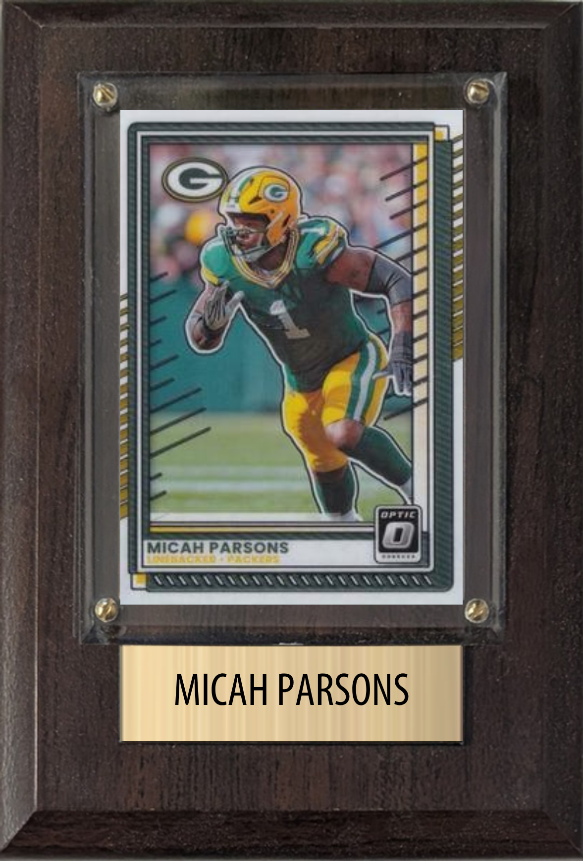 Micah Parsons Green Bay Packers football plaque with 1 trading card and engraved nameplate, 4x6 fan cave display
