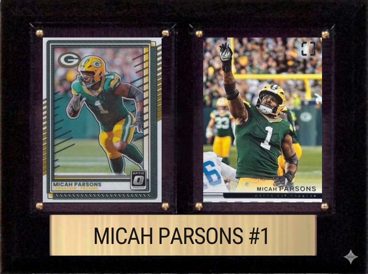 Micah Parsons Green Bay Packers football plaque with 2 trading cards and engraved nameplate, 6x8 fan cave display