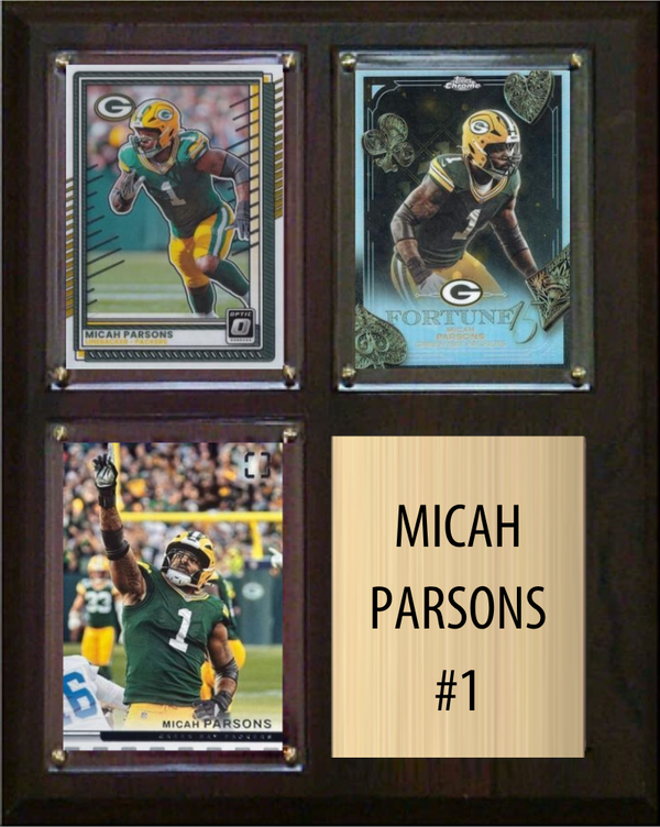 Micah Parsons Green Bay Packers football plaque with 3 trading cards and engraved nameplate, 8x10 fan cave display