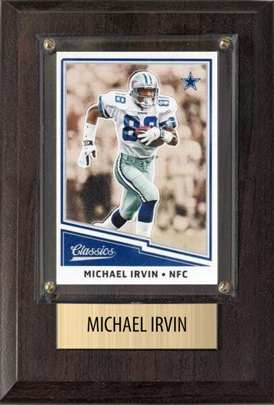 Michael Irvin Dallas Cowboys football plaque with 1 trading card and engraved nameplate, 4x6 fan cave display