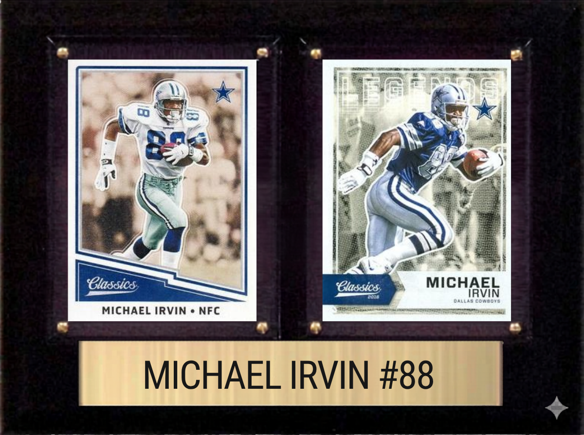 Michael Irvin Dallas Cowboys football plaque with 2 trading cards and engraved nameplate, 6x8 fan cave display