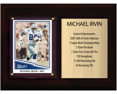 Michael Irvin Dallas Cowboys football stats plaque with 1 trading card and engraved nameplate, 6x8 fan cave display