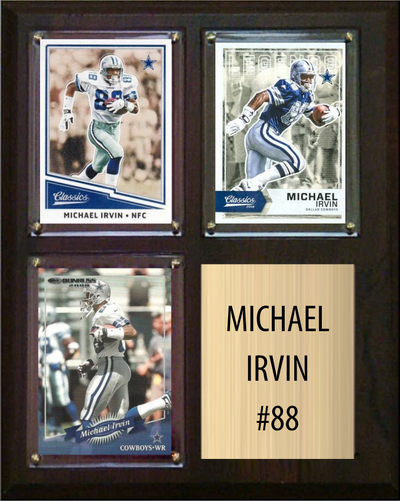Michael Irvin Dallas Cowboys football plaque with 3 trading cards and engraved nameplate, 8x10 fan cave display