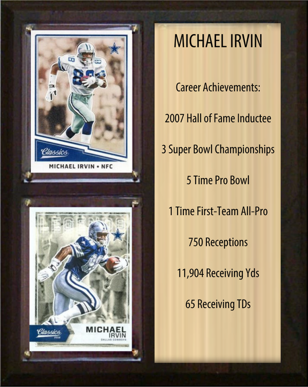 Michael Irvin Dallas Cowboys football stats plaque with 2 trading cards and engraved nameplate, 8x10 fan cave display
