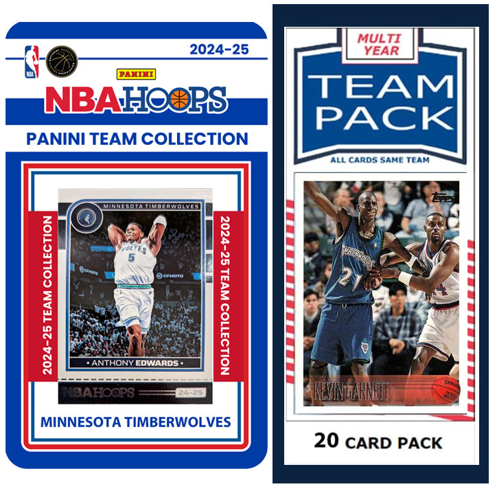Minnesota Timberwolves Multiyear Pack 20 Cards KG + 2024-25 HOOPS Team Set Anthony Edwards plaque
