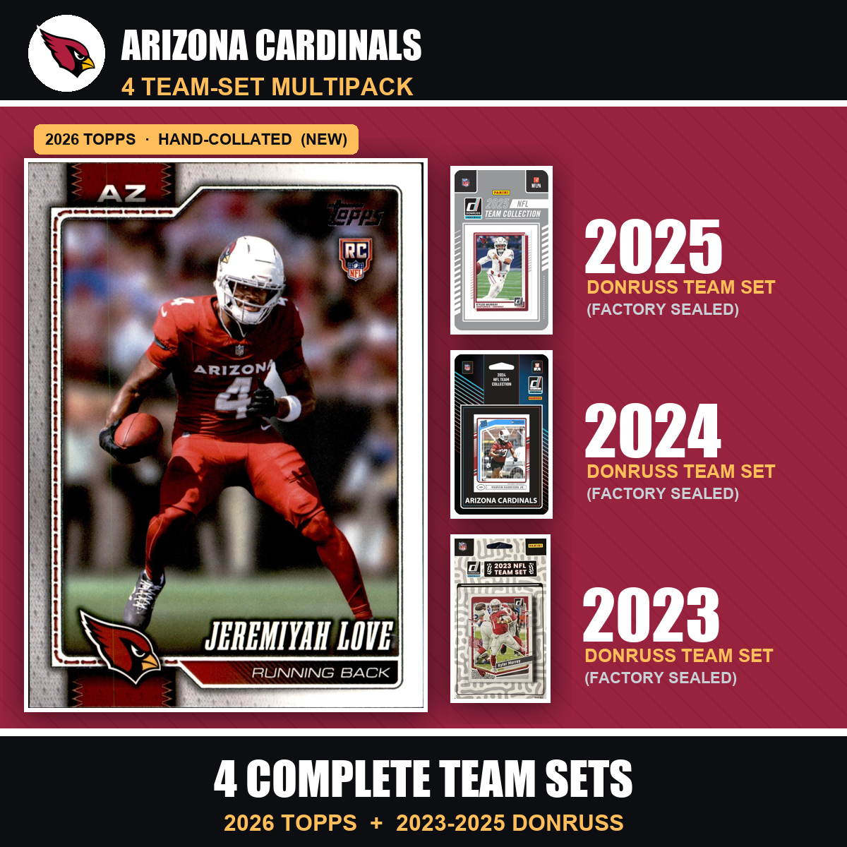 Arizona Cardinals Football Team Set Multipack - 2026 Topps + 2025 2024 2023 Donruss - 4 Complete Team Sets - Jeremiyah Love