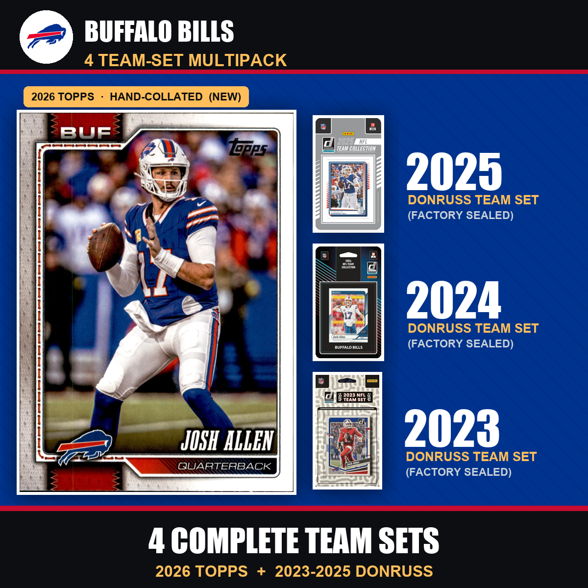 Buffalo Bills Football Team Set Multipack - 2026 Topps + 2025 2024 2023 Donruss - 4 Complete Team Sets - Josh Allen