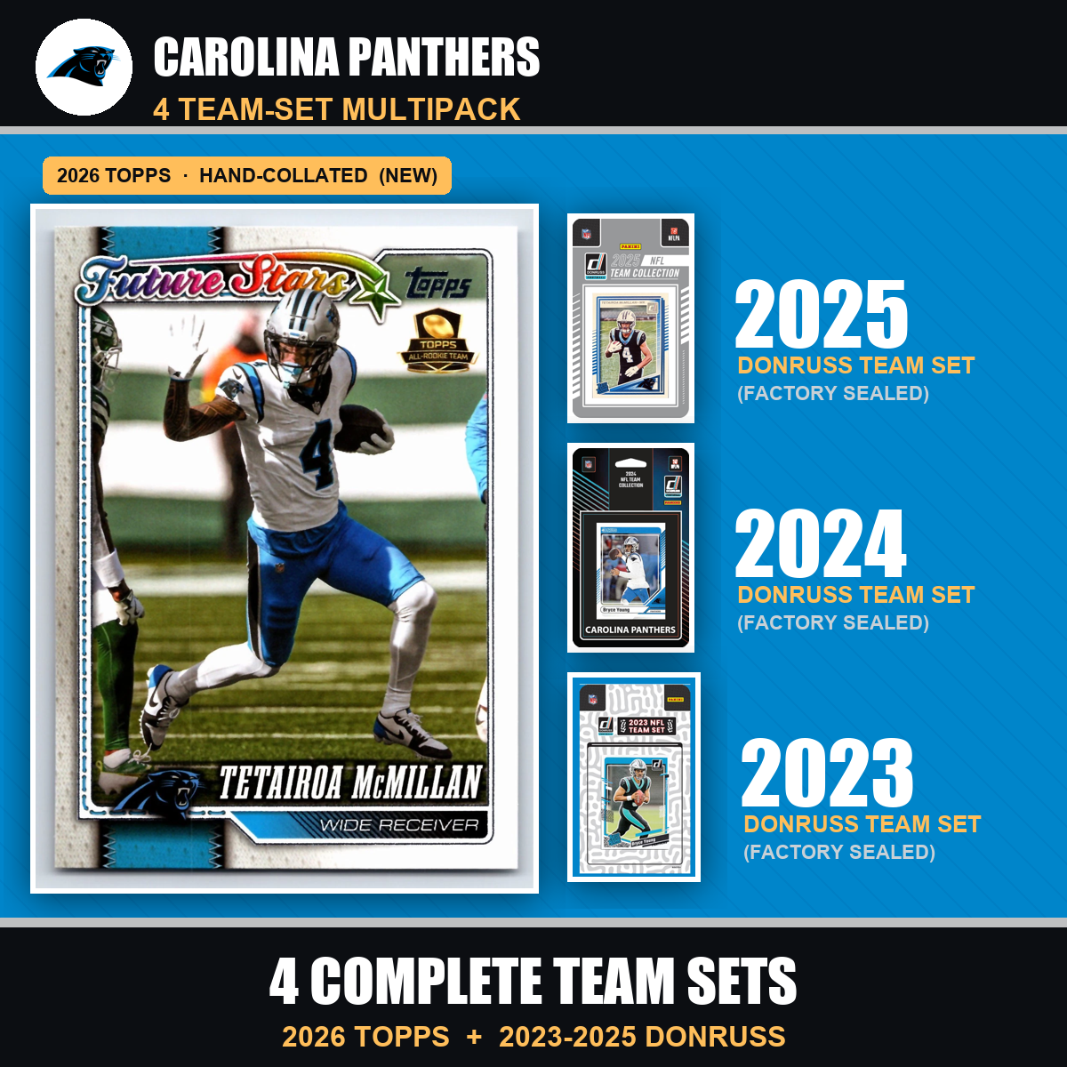 Carolina Panthers Football Team Set Multipack - 2026 Topps + 2025 2024 2023 Donruss - 4 Complete Team Sets - Tetairoa McMillan